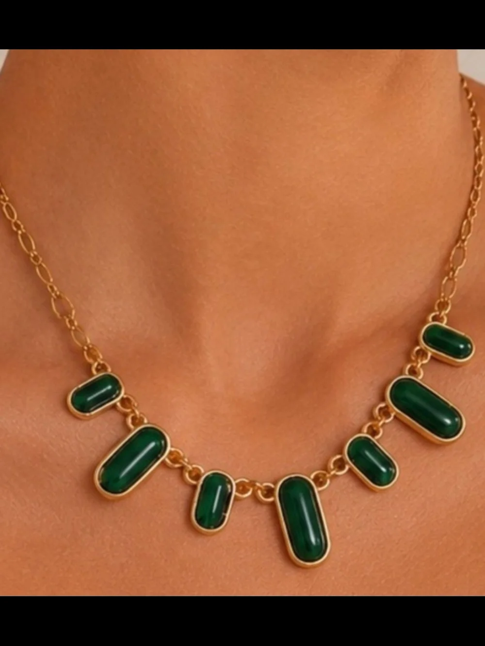 Gold Chain Necklace with Dark Green Stone Charms